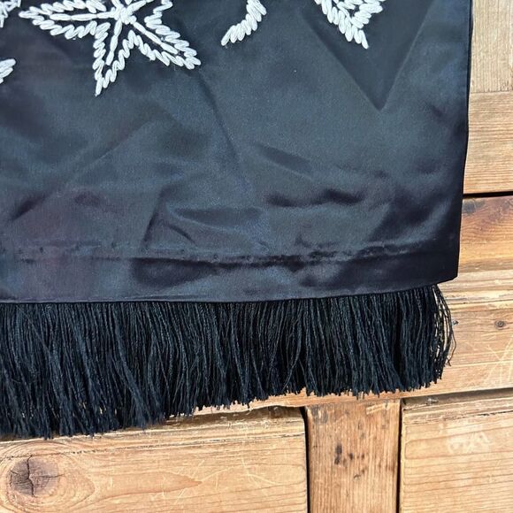 Women's Mica 2 Floral Embroidered Skirt Black‎ White Fringe Satin - Picture 2 of 9
